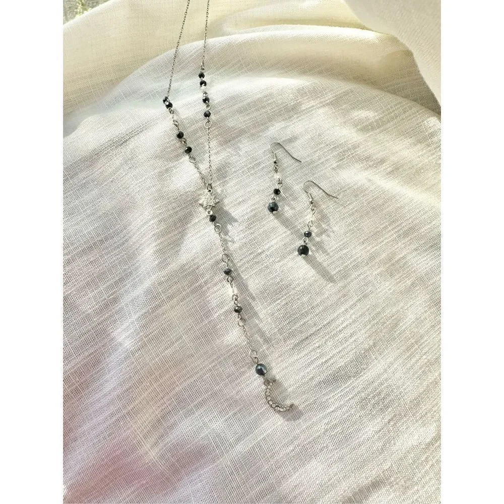 Moon & Stars navy bead necklace w/ earrings